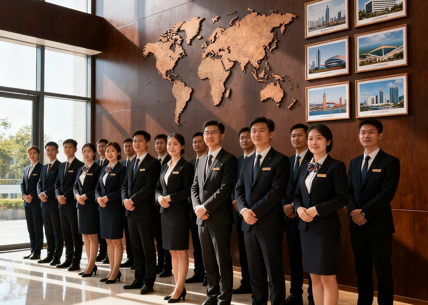 巴比伦贵宾会全体核心团队成员在上海总部办公室的合影，二十余位身着商务正装的礼宾顾问站在一面深棕色文化墙前，墙上挂着世界地图和公司服务过的标志性项目照片，阳光从左侧落地窗洒入