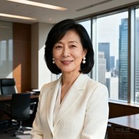 一位亚洲女性高管近照，四十余岁，黑色齐肩短发，佩戴珍珠耳环，身着米白色西装外套，背景是东京丸之内商务区的高层办公室